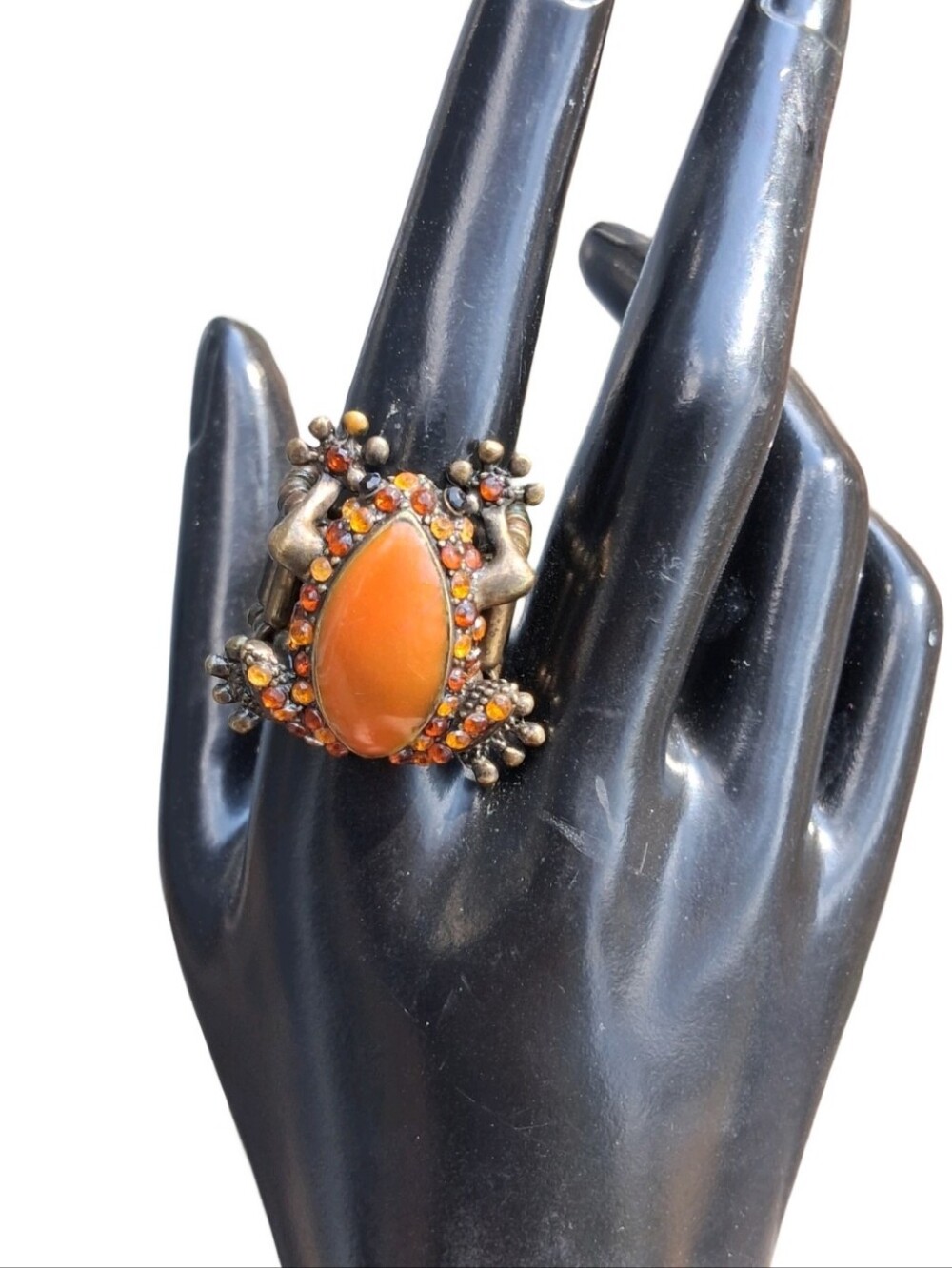 Vintage Amber Rhinestone Frog Stretch Ring Bronze Tone Statement Jewelry